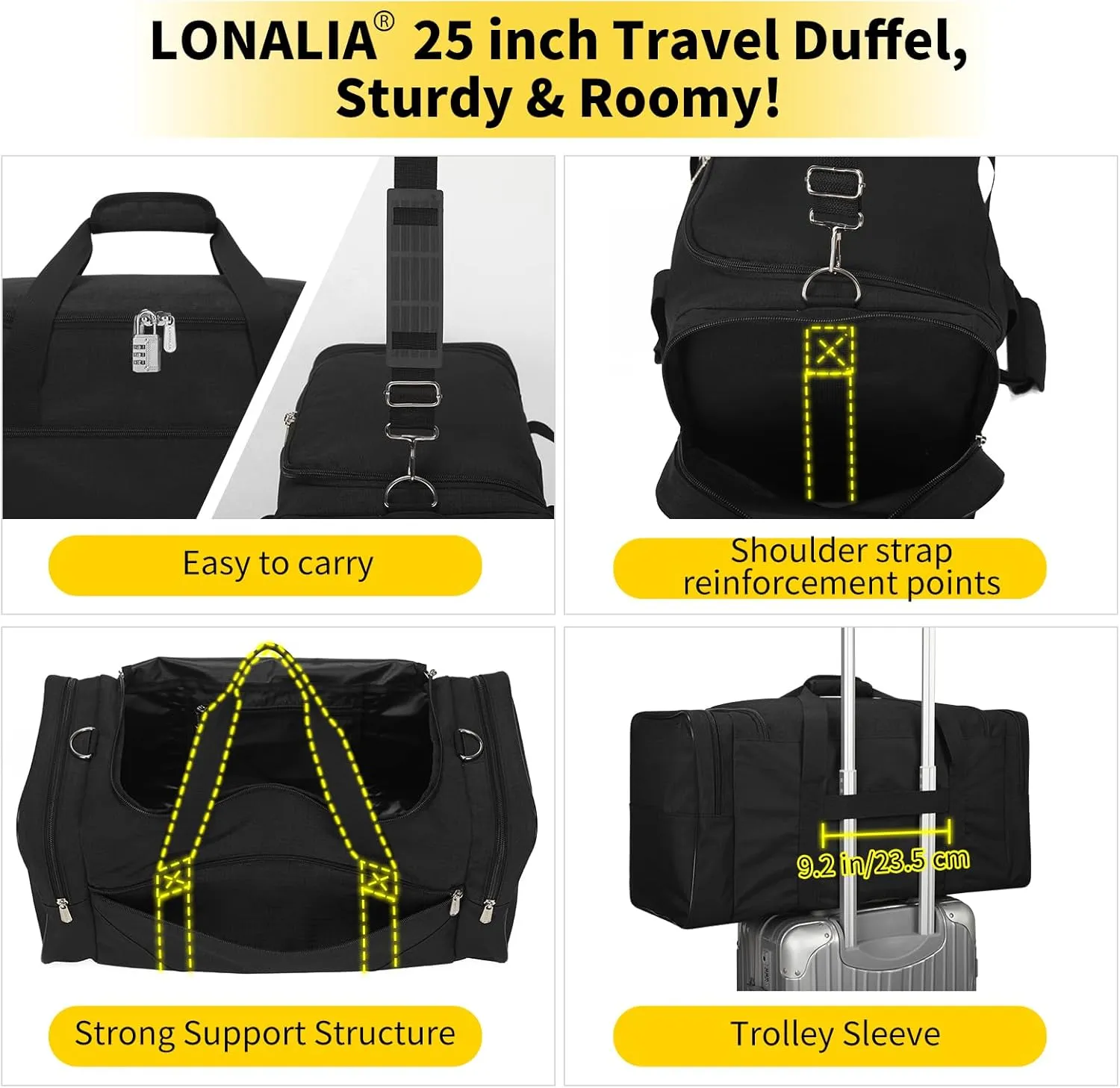25 in Large Travel Duffel Bag for Men - 56L Roomy Weekender Bag with Trolley Sleeve (Black)