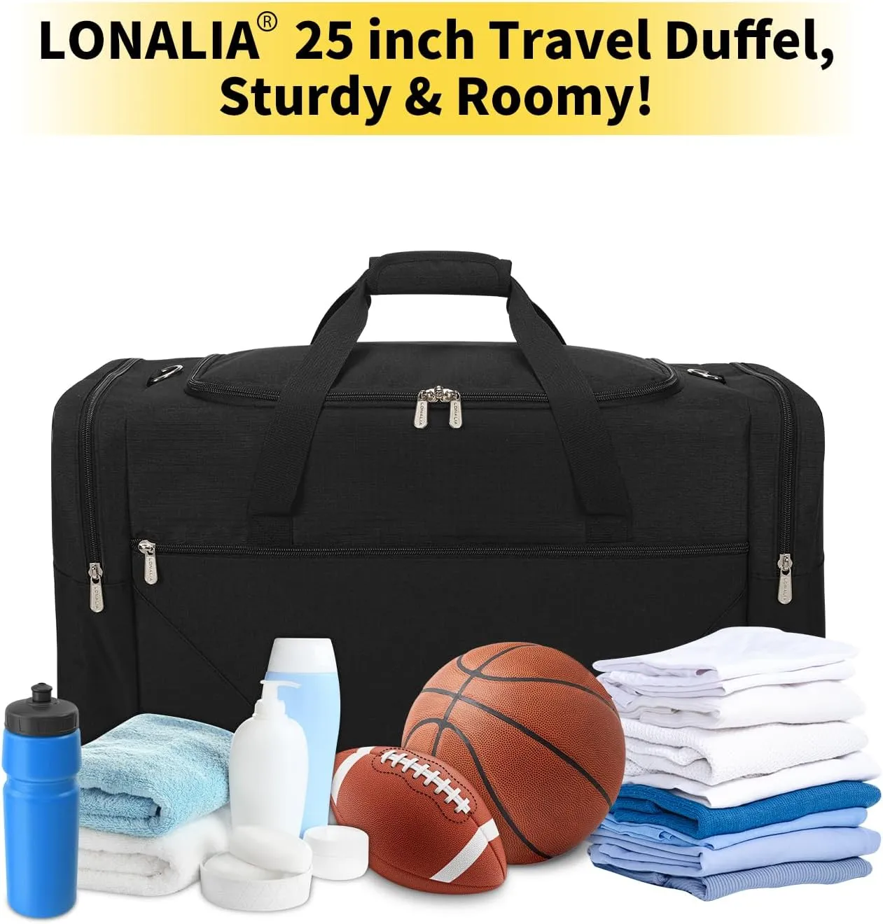 25 in Large Travel Duffel Bag for Men - 56L Roomy Weekender Bag with Trolley Sleeve (Black)