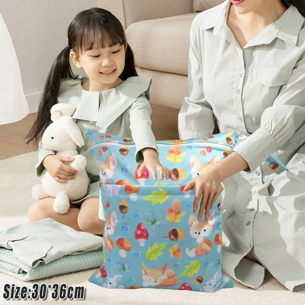 2PCS Cartoon Printed Baby Diaper Bag Double Zipper Washable Storage Organizer