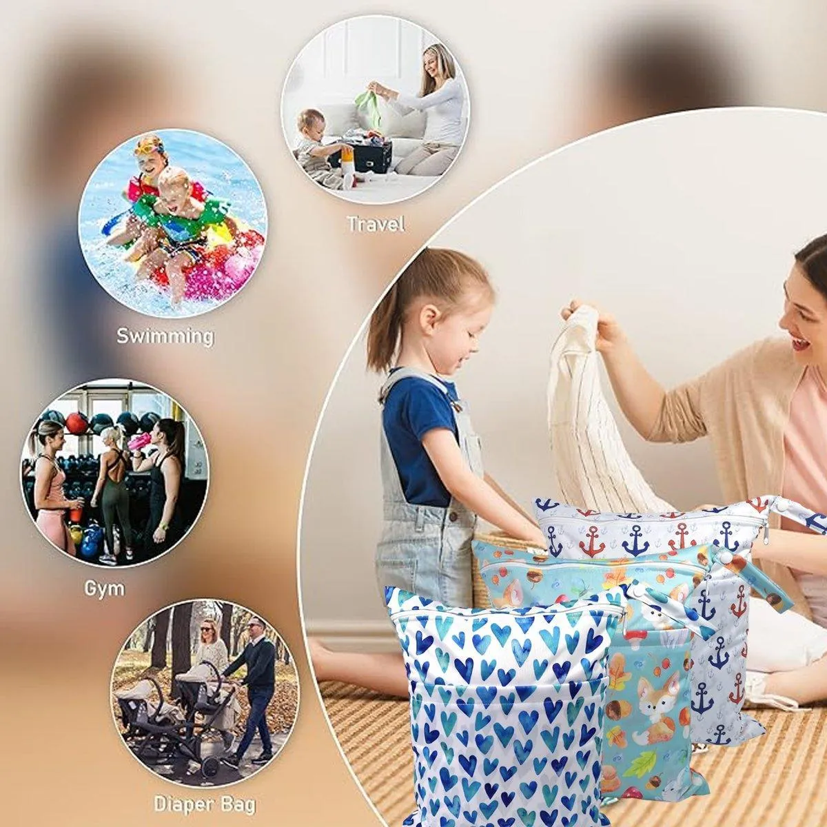 2PCS Cartoon Printed Baby Diaper Bag Double Zipper Washable Storage Organizer