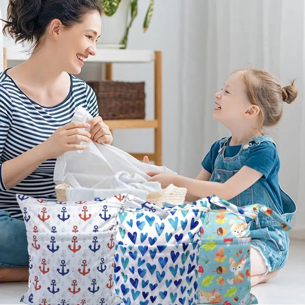 2PCS Cartoon Printed Baby Diaper Bag Double Zipper Washable Storage Organizer