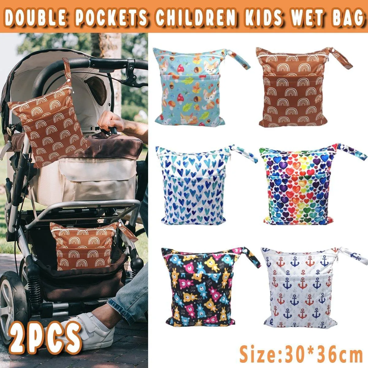 2PCS Cartoon Printed Baby Diaper Bag Double Zipper Washable Storage Organizer