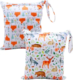 2pcs Cloth Diaper Wet Dry Bags Waterproof Reusable with Two Zippered Pockets Travel Beach Pool Daycare Soiled Baby Items Yoga Gym Bag for Swimsuits or Wet Clothes (3036-2-fox)