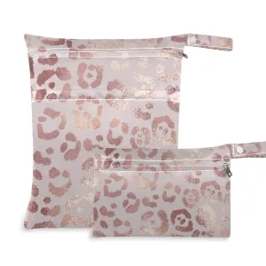 2pcs Rose Leopard Wet Dry Bag Waterproof Reusable Baby Cloth Diaper Wet Dry Organizer with Two Zippered Pockets for Travel, Beach, Pool, Stroller, Diapers, Dirty Gym Clothes, Wet Swimsuits