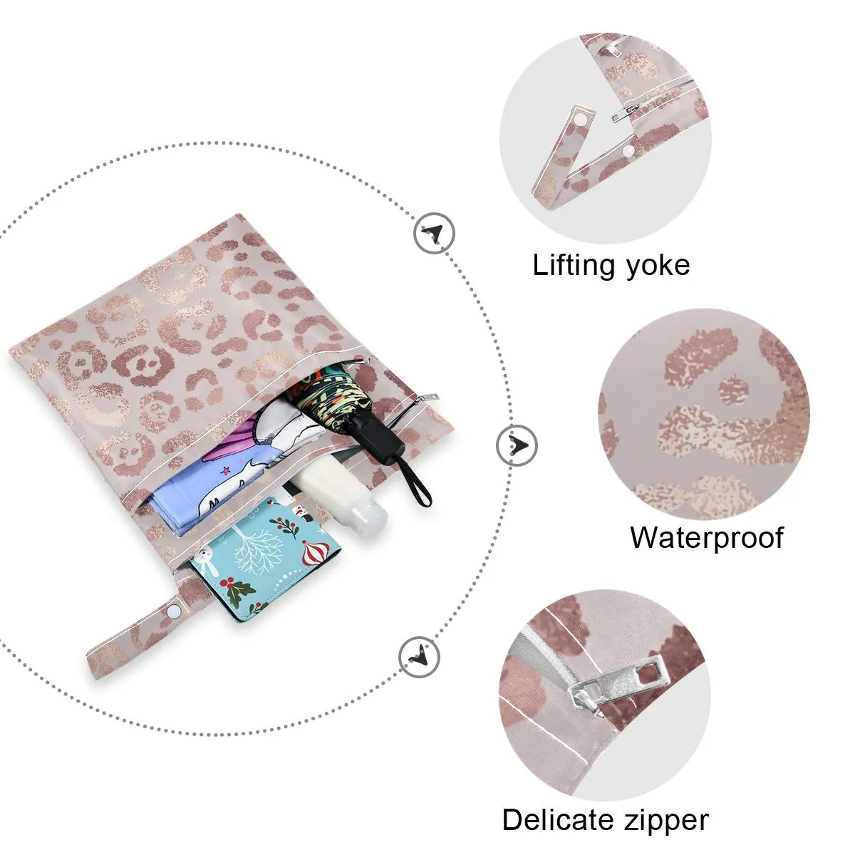 2pcs Rose Leopard Wet Dry Bag Waterproof Reusable Baby Cloth Diaper Wet Dry Organizer with Two Zippered Pockets for Travel, Beach, Pool, Stroller, Diapers, Dirty Gym Clothes, Wet Swimsuits