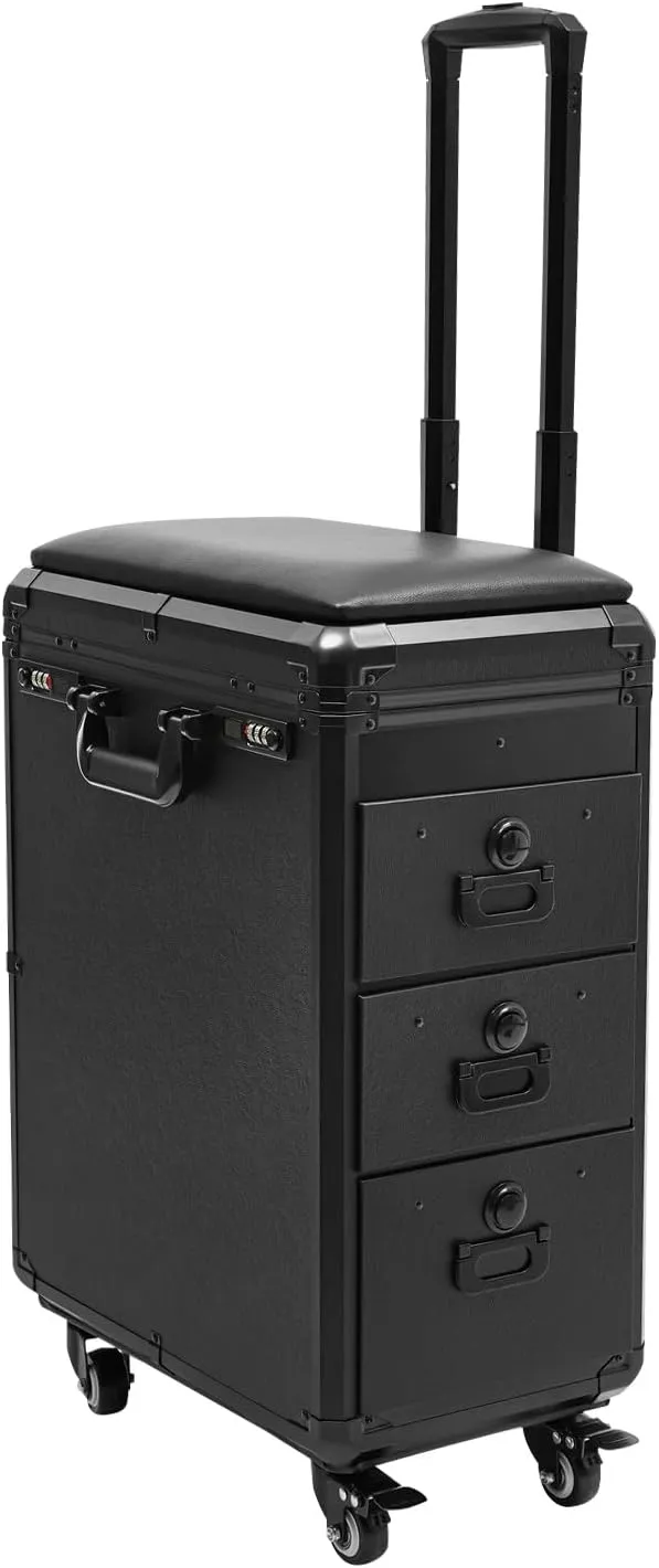 3 Drawers Acrylic Rolling Makeup Case, Makeup Train Case on Universal Wheel with Removable Tripod and Combination Lock, Portable Hand-Held Tattoo Nail Art Hair Salon Trolley Case
