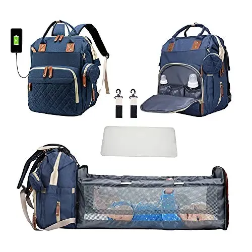 3-in-1 Diaper Bag Backpack: Foldable Baby Bed, Waterproof, USB Charge