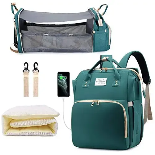 3-in-1 Diaper Bag Backpack: Foldable Baby Bed, Waterproof, USB Charge
