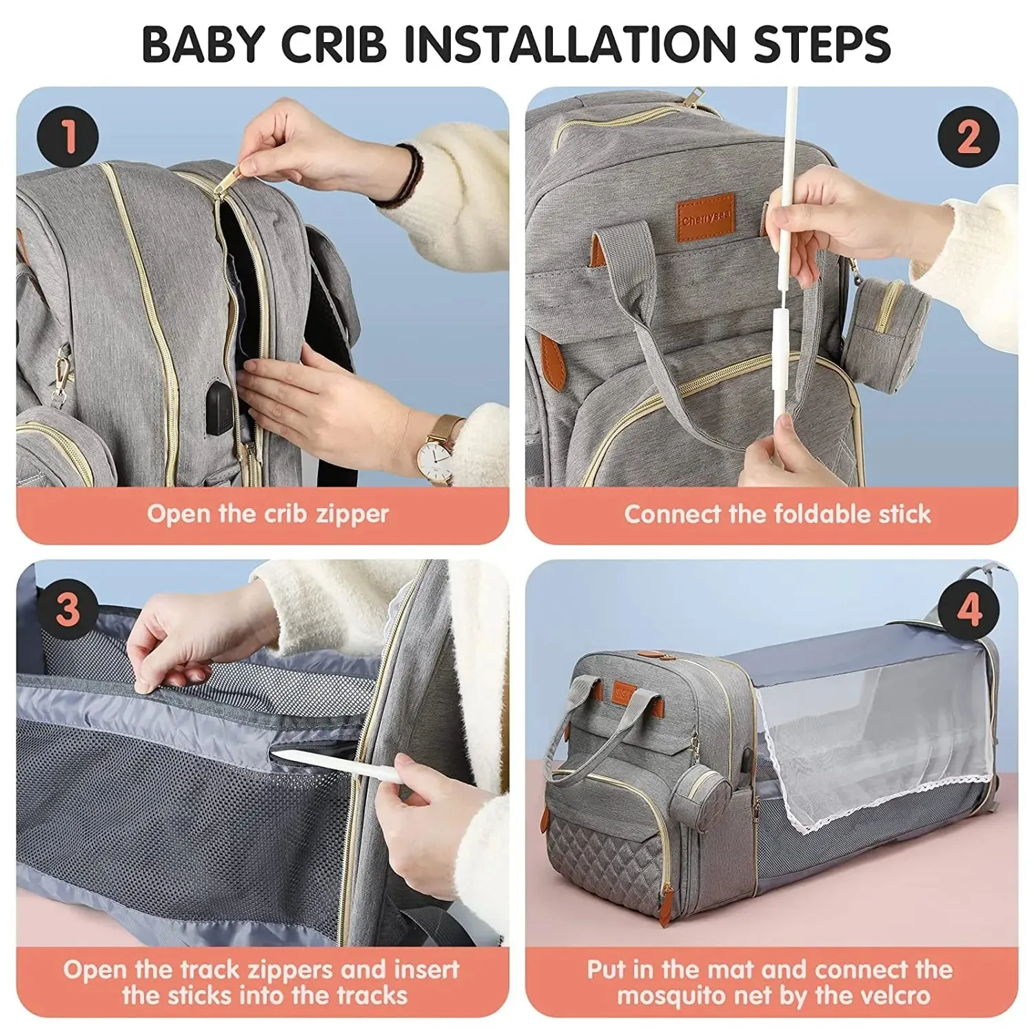 3-in-1 Diaper Bag Backpack: Foldable Baby Bed, Waterproof, USB Charge