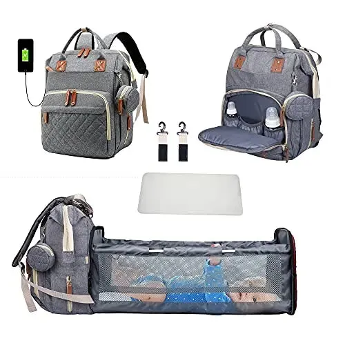 3-in-1 Diaper Bag Backpack: Foldable Baby Bed, Waterproof, USB Charge