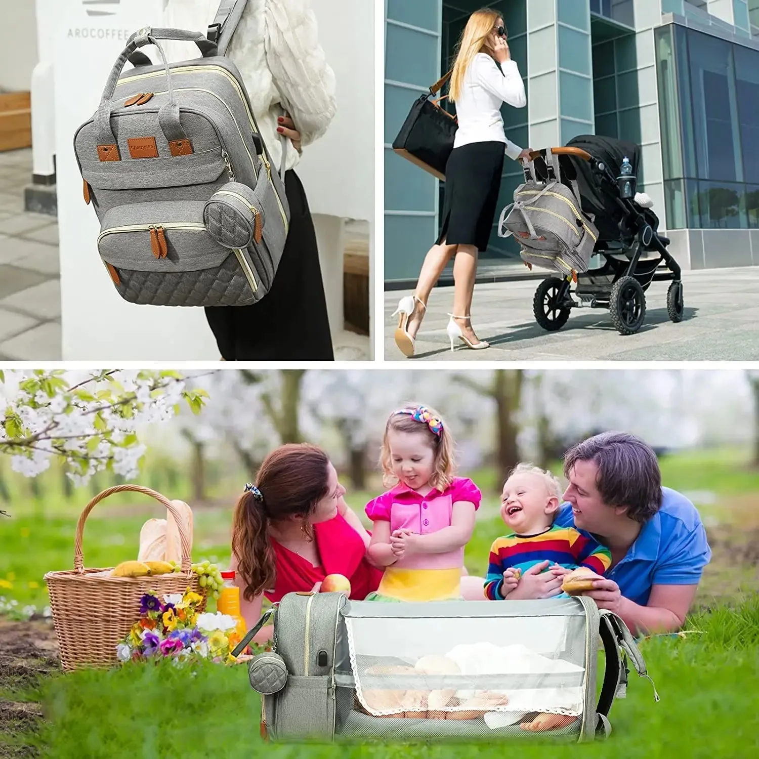3-in-1 Diaper Bag Backpack: Foldable Baby Bed, Waterproof, USB Charge
