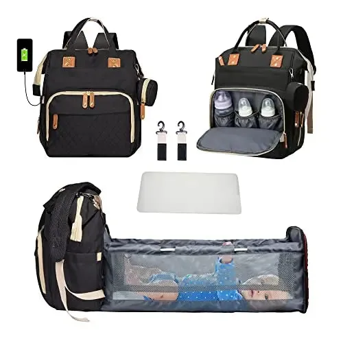 3-in-1 Diaper Bag Backpack: Foldable Baby Bed, Waterproof, USB Charge
