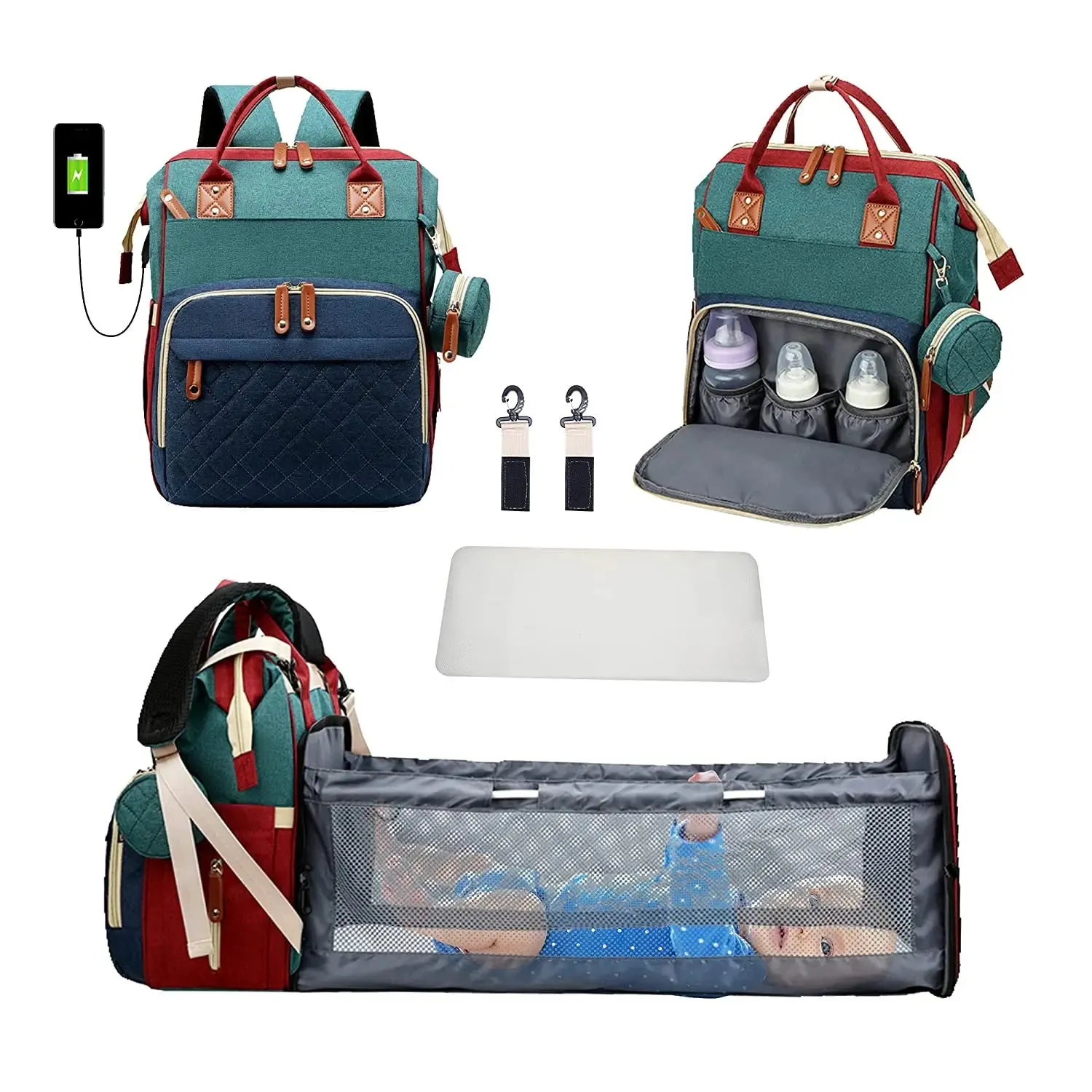 3-in-1 Diaper Bag Backpack: Foldable Baby Bed, Waterproof, USB Charge
