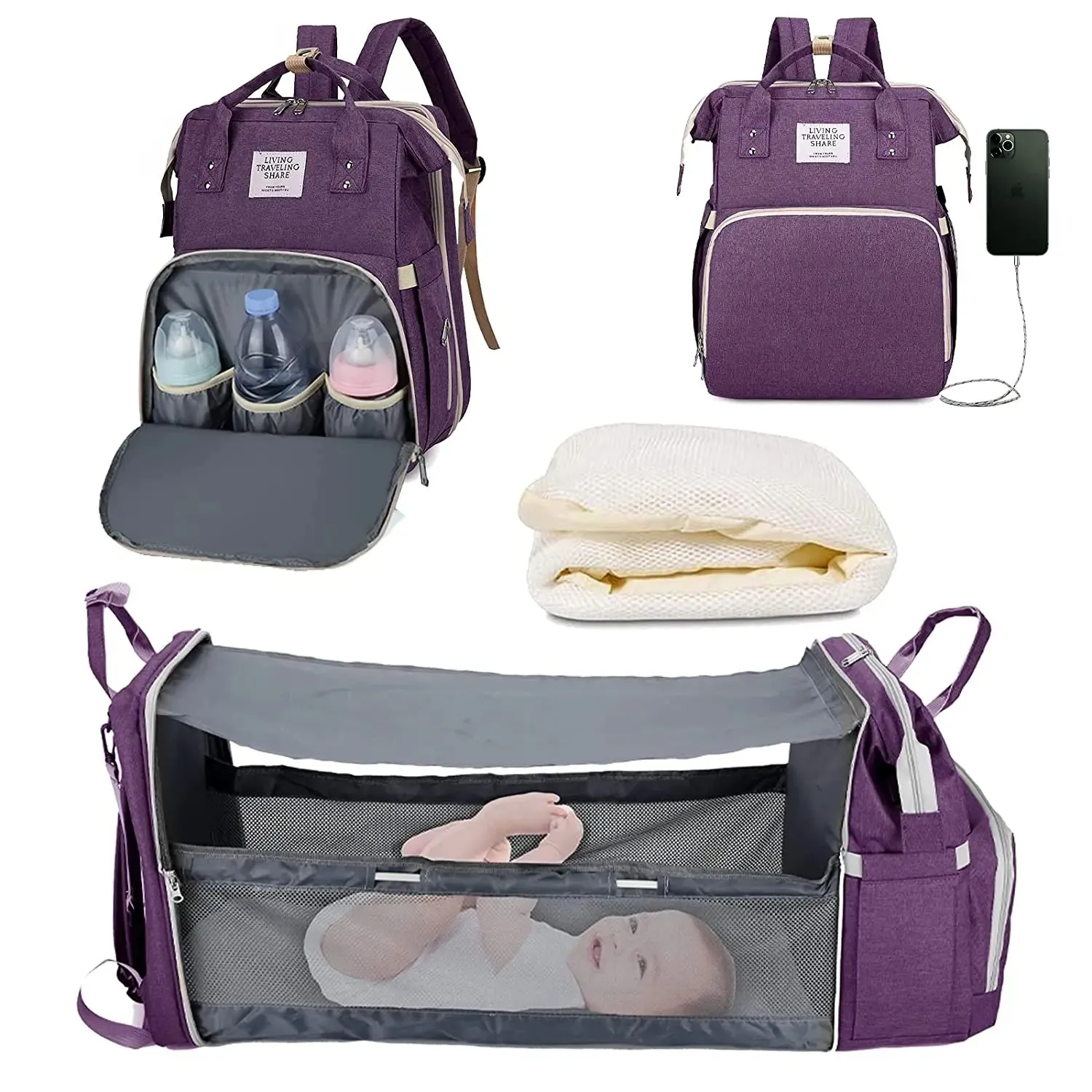 3-in-1 Diaper Bag Backpack: Foldable Baby Bed, Waterproof, USB Charge
