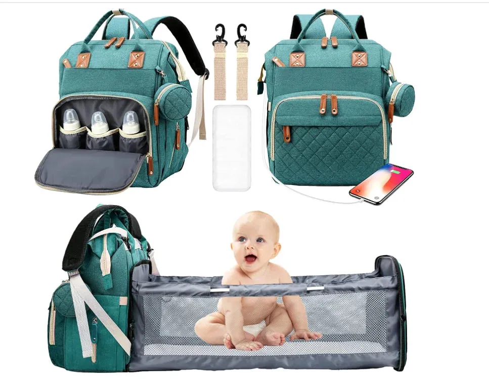 3-in-1 Diaper Bag Backpack: Foldable Baby Bed, Waterproof, USB Charge