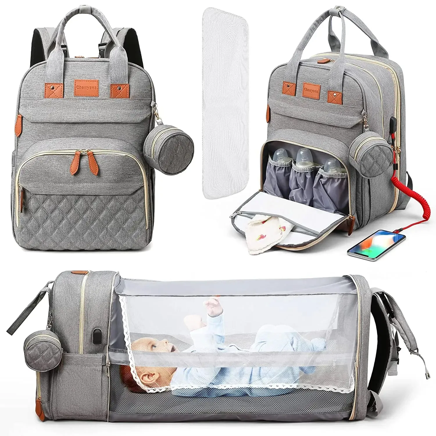 3-in-1 Diaper Bag Backpack: Foldable Baby Bed, Waterproof, USB Charge