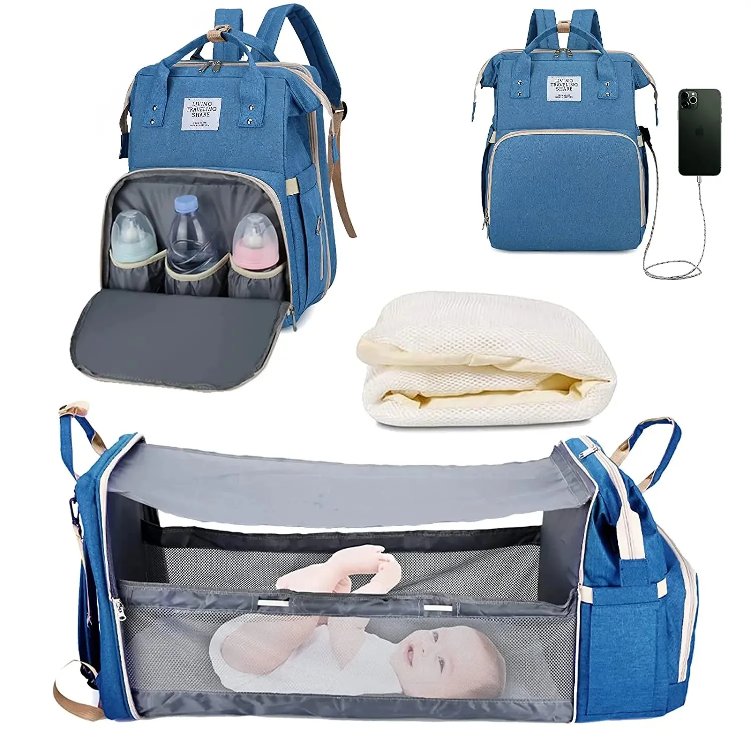 3-in-1 Diaper Bag Backpack: Foldable Baby Bed, Waterproof, USB Charge