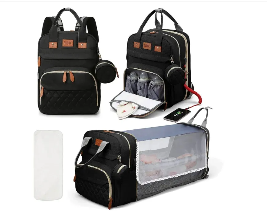 3-in-1 Diaper Bag Backpack: Foldable Baby Bed, Waterproof, USB Charge
