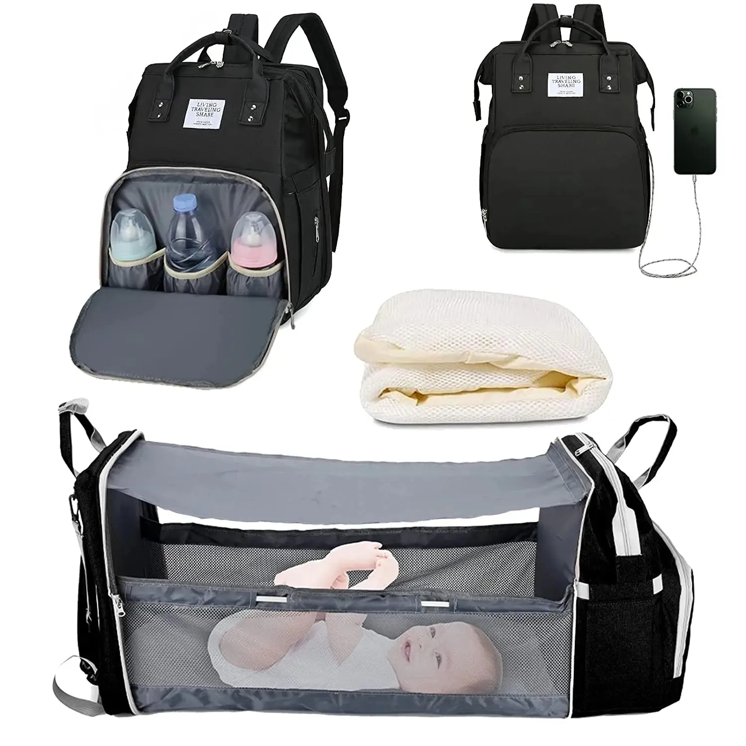 3-in-1 Diaper Bag Backpack: Foldable Baby Bed, Waterproof, USB Charge