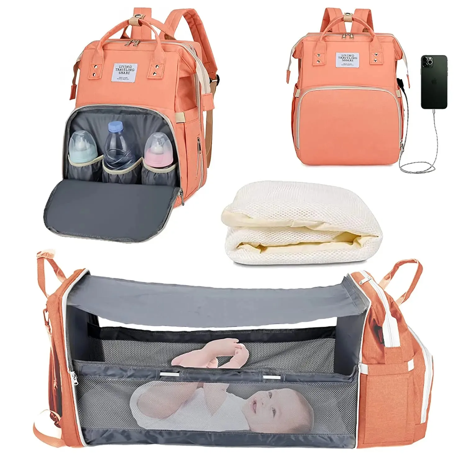 3-in-1 Diaper Bag Backpack: Foldable Baby Bed, Waterproof, USB Charge