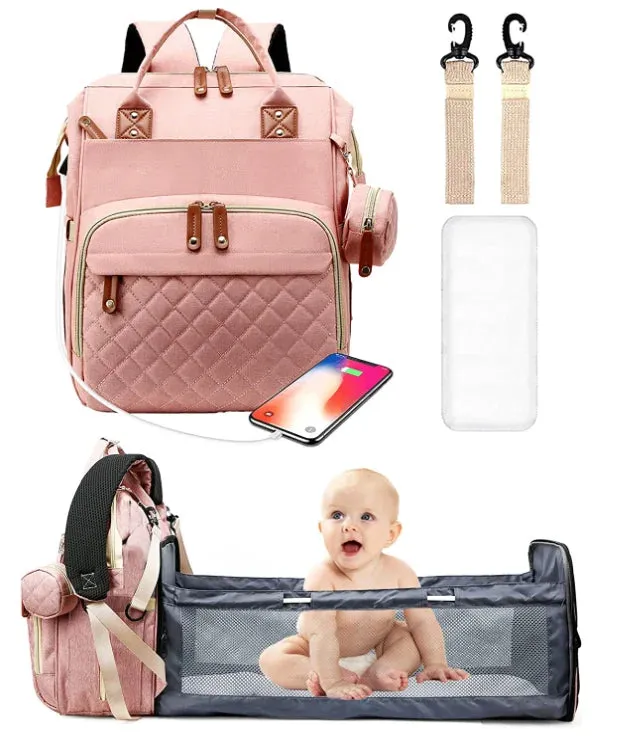 3-in-1 Diaper Bag Backpack: Foldable Baby Bed, Waterproof, USB Charge