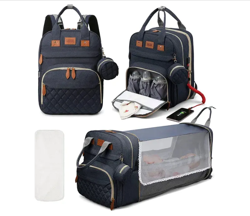 3-in-1 Diaper Bag Backpack: Foldable Baby Bed, Waterproof, USB Charge