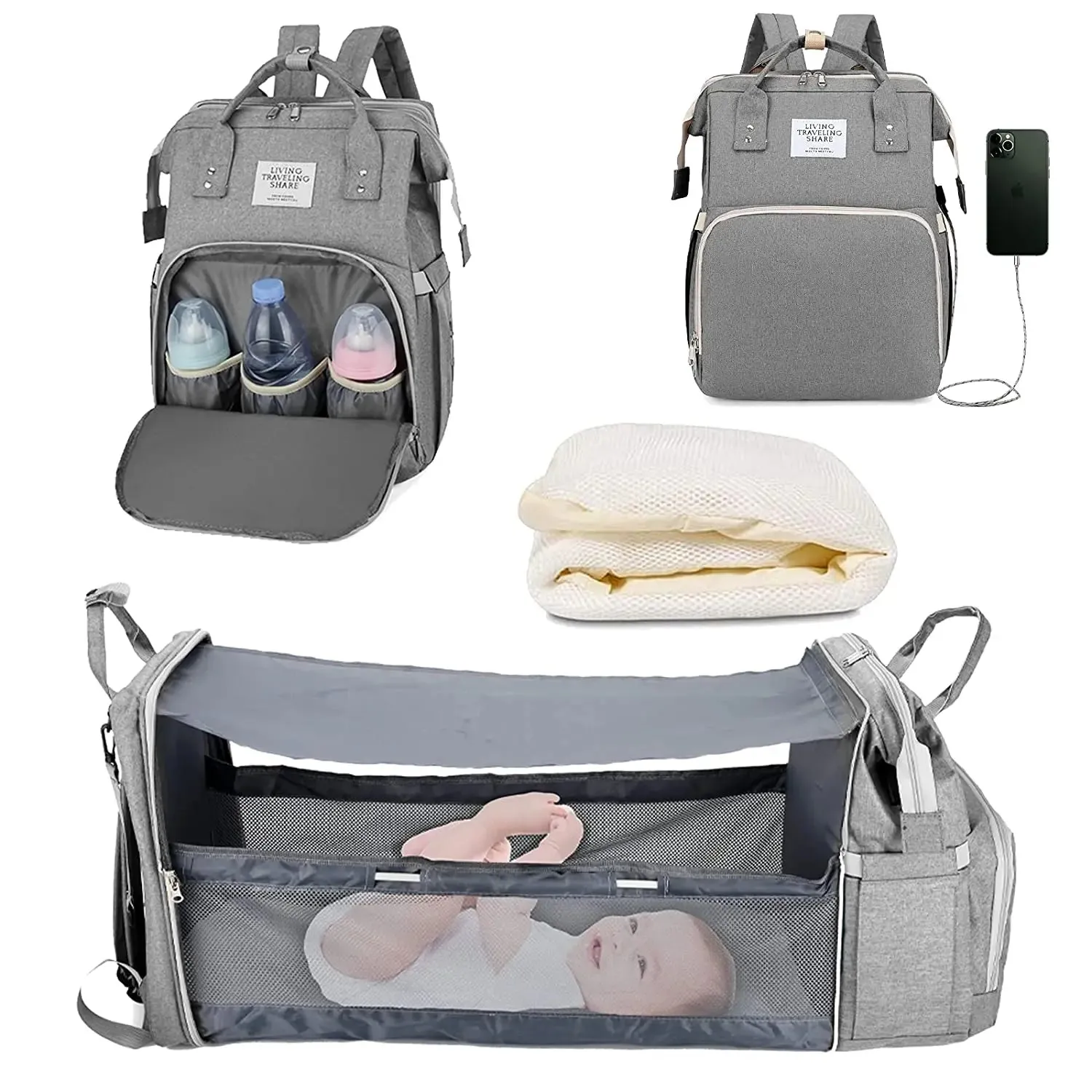 3-in-1 Diaper Bag Backpack: Foldable Baby Bed, Waterproof, USB Charge