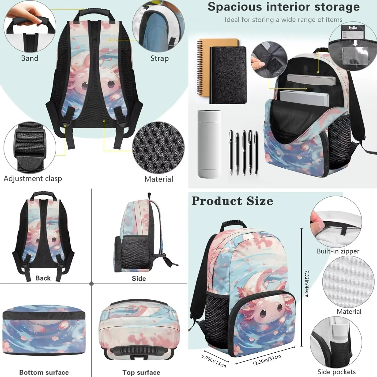 3 in 1 Kids Backpack Bookbag Set Cute Axolotl Backpack with Lunch Box Bag and Pencil Bag 3 PCS for Boys Girls Large Capacity Backpack Set with Front Pocket