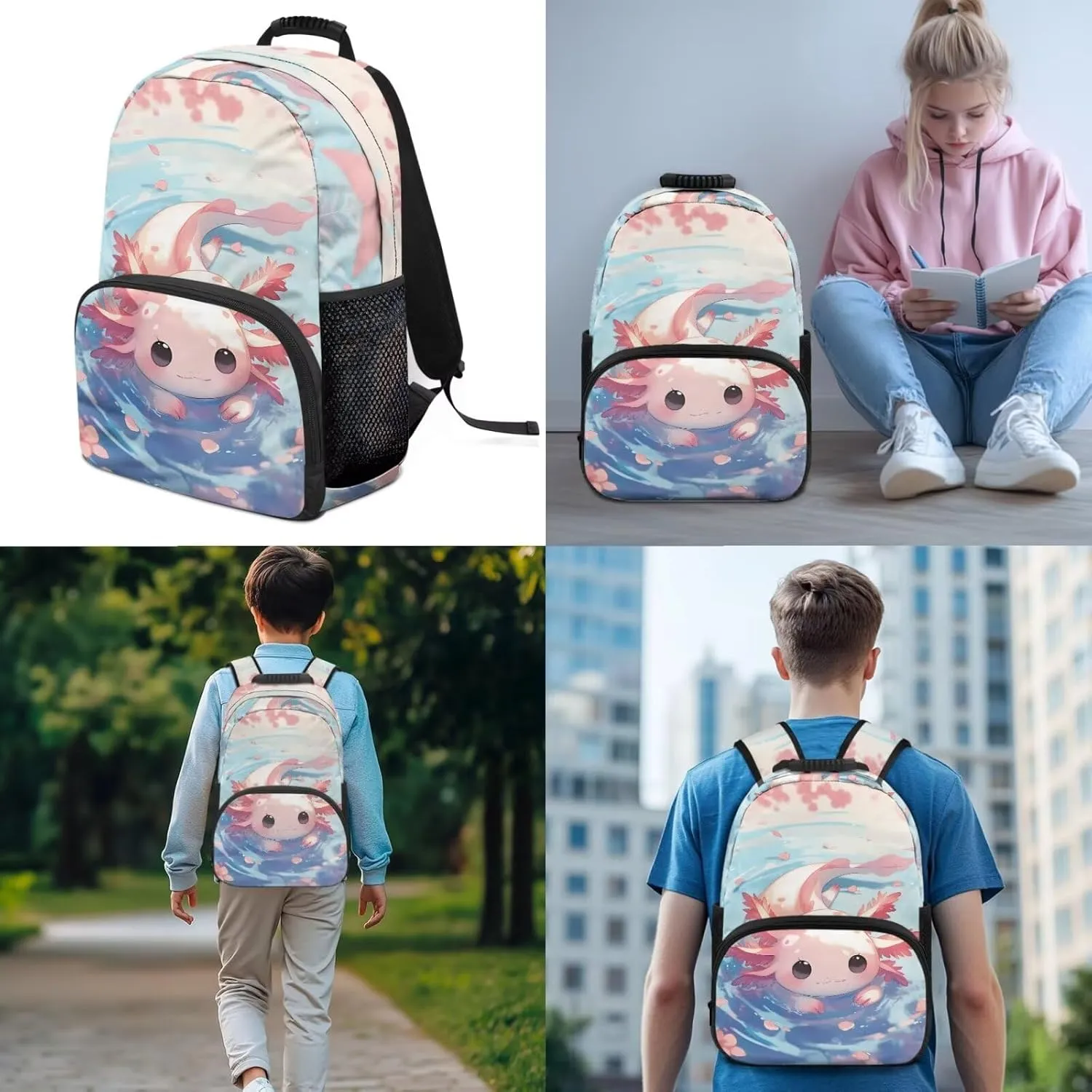 3 in 1 Kids Backpack Bookbag Set Cute Axolotl Backpack with Lunch Box Bag and Pencil Bag 3 PCS for Boys Girls Large Capacity Backpack Set with Front Pocket