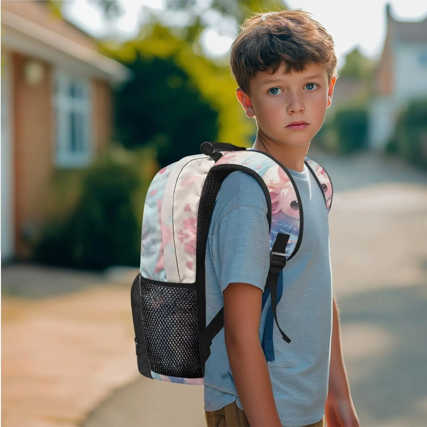 3 in 1 Kids Backpack Bookbag Set Cute Axolotl Backpack with Lunch Box Bag and Pencil Bag 3 PCS for Boys Girls Large Capacity Backpack Set with Front Pocket