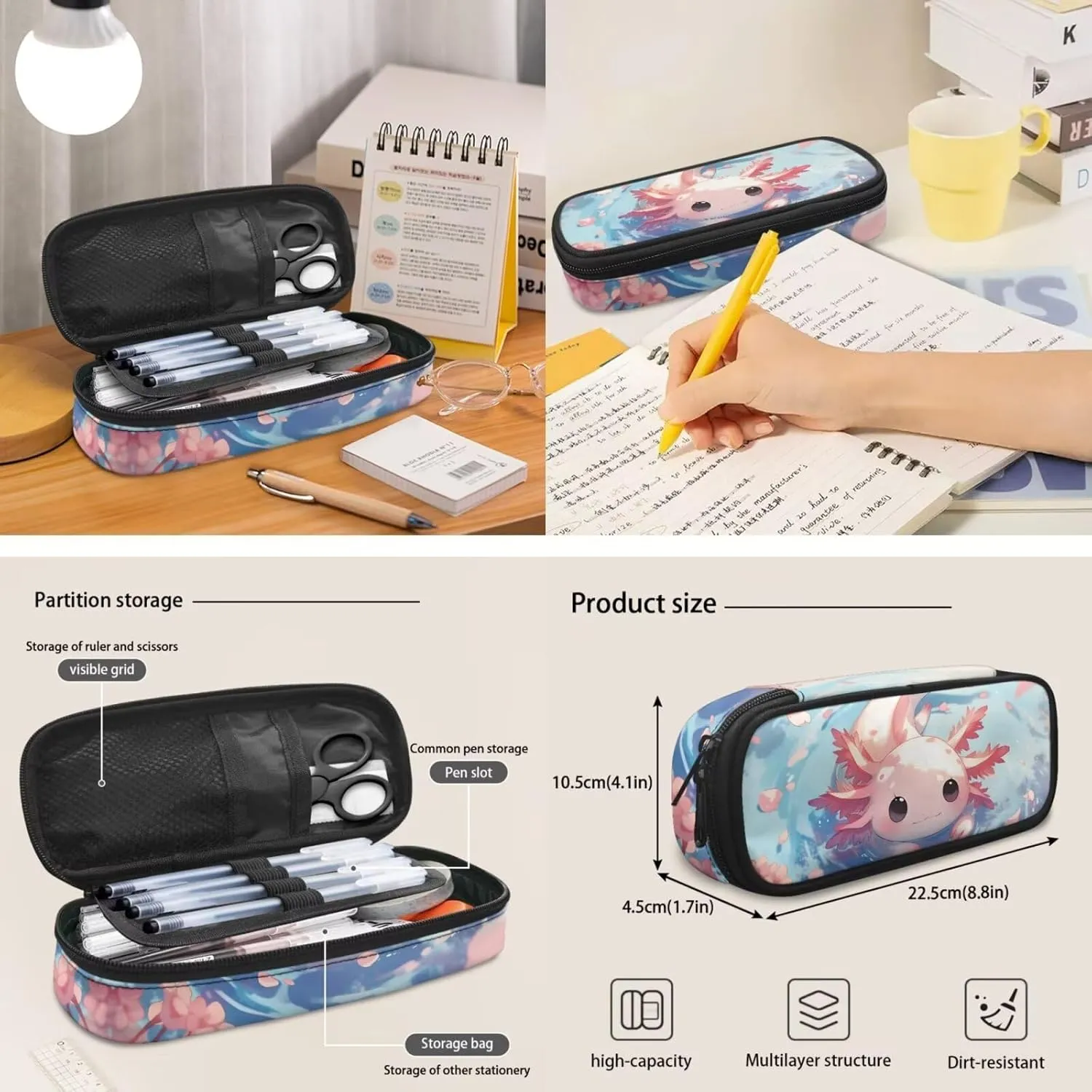 3 in 1 Kids Backpack Bookbag Set Cute Axolotl Backpack with Lunch Box Bag and Pencil Bag 3 PCS for Boys Girls Large Capacity Backpack Set with Front Pocket