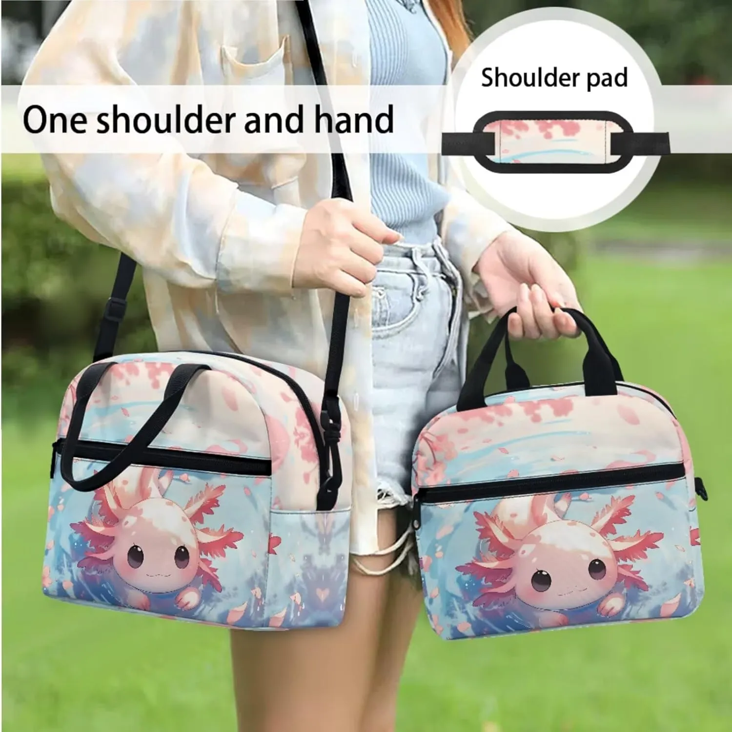 3 in 1 Kids Backpack Bookbag Set Cute Axolotl Backpack with Lunch Box Bag and Pencil Bag 3 PCS for Boys Girls Large Capacity Backpack Set with Front Pocket