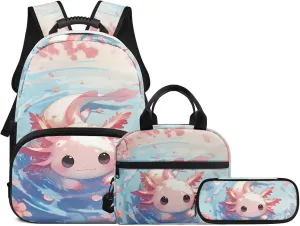 3 in 1 Kids Backpack Bookbag Set Cute Axolotl Backpack with Lunch Box Bag and Pencil Bag 3 PCS for Boys Girls Large Capacity Backpack Set with Front Pocket