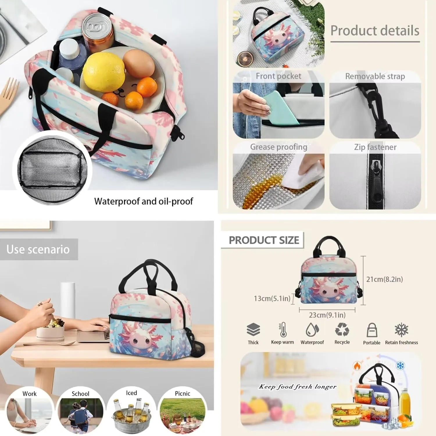 3 in 1 Kids Backpack Bookbag Set Cute Axolotl Backpack with Lunch Box Bag and Pencil Bag 3 PCS for Boys Girls Large Capacity Backpack Set with Front Pocket