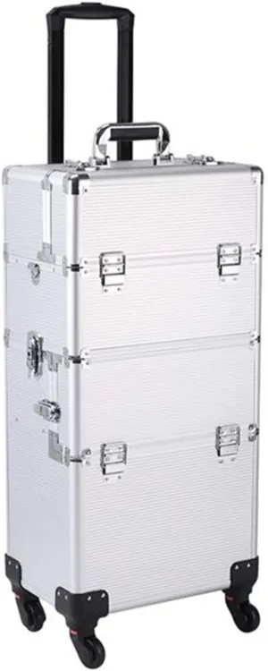 3 in 1 Professional Aluminum Rolling Cosmetic Makeup Case,Trolley Artist Train Case Cosmetic Organizer with 4 Detachable Universal Wheels Tattoo Box Silver