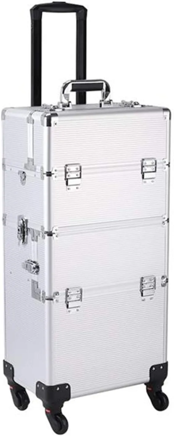 3 in 1 Professional Aluminum Rolling Cosmetic Makeup Case,Trolley Artist Train Case Cosmetic Organizer with 4 Detachable Universal Wheels Tattoo Box Silver