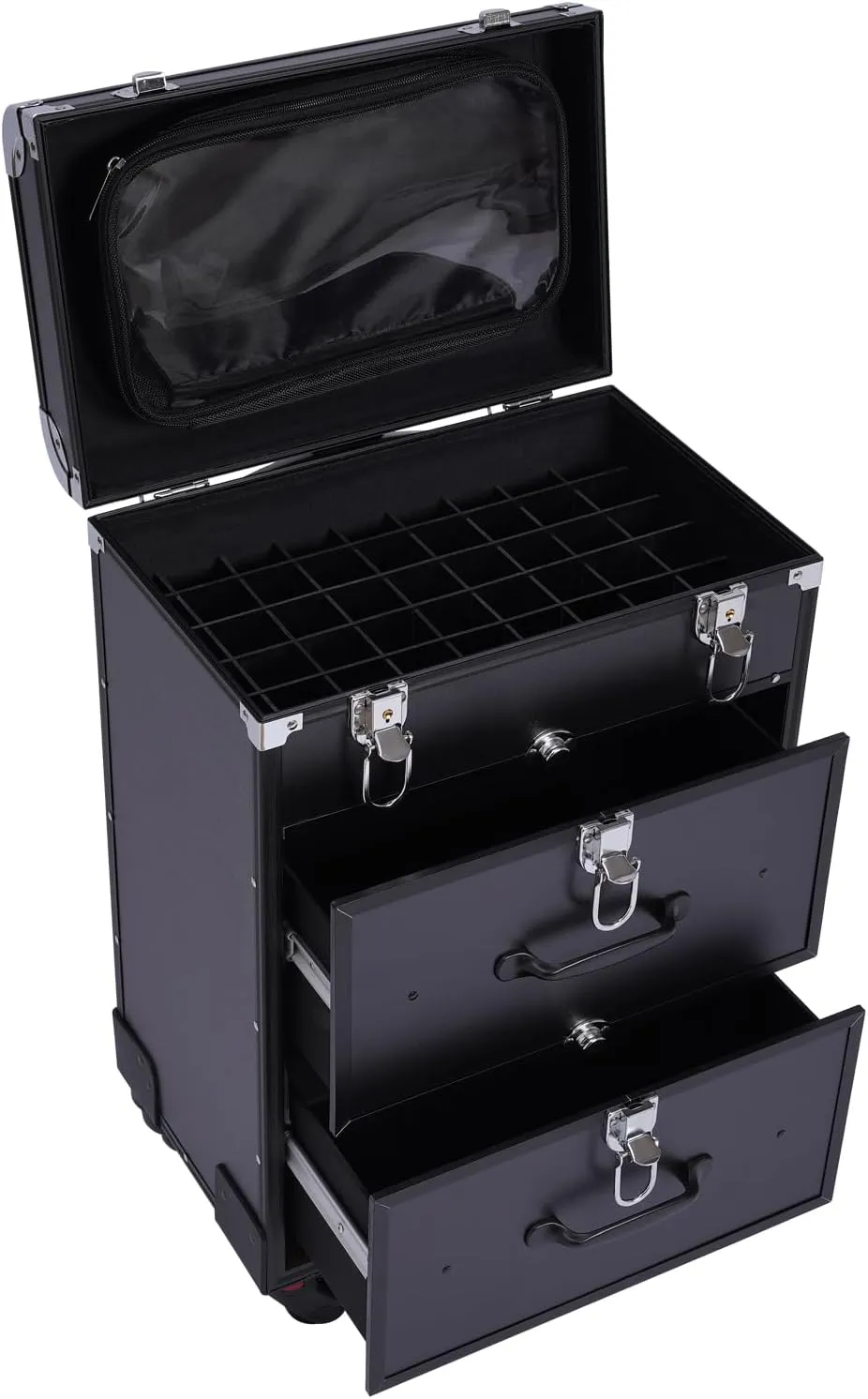 3 In 1 Professional Makeup Train Case Aluminum Cosmetic Case Rolling Makeup Case Extra Large Trolley Black