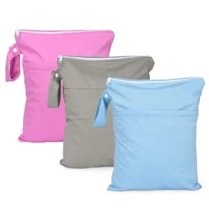 3 Pack Wet Dry Bags for Baby Cloth Diapers,Washable Travel Bags,Beach,Pool,Gym Bag for Swimsuit/Wet Clothes with 2 Pockets (11" x 14.3")-Pink,Grey,Blue