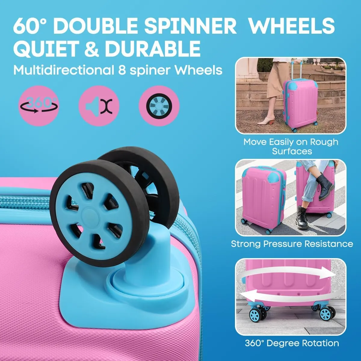 3 Piece Luggage Sets（20/24/28in） Luggage with TSA Lock,large luggage with spinner wheels,Travel Luggage for Men Women#Pink Blue