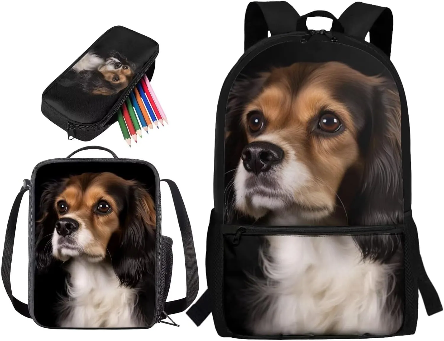 3 Piece Student Backpack Set for Boys Girls, 3D Cavalier King Charles Spaniel Printed School Bag and Lunch Bag Set, Large Lightweight Backpack and Pencil Case Set for Primary Middle