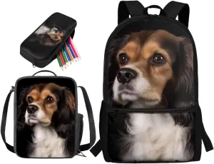 3 Piece Student Backpack Set for Boys Girls, 3D Cavalier King Charles Spaniel Printed School Bag and Lunch Bag Set, Large Lightweight Backpack and Pencil Case Set for Primary Middle