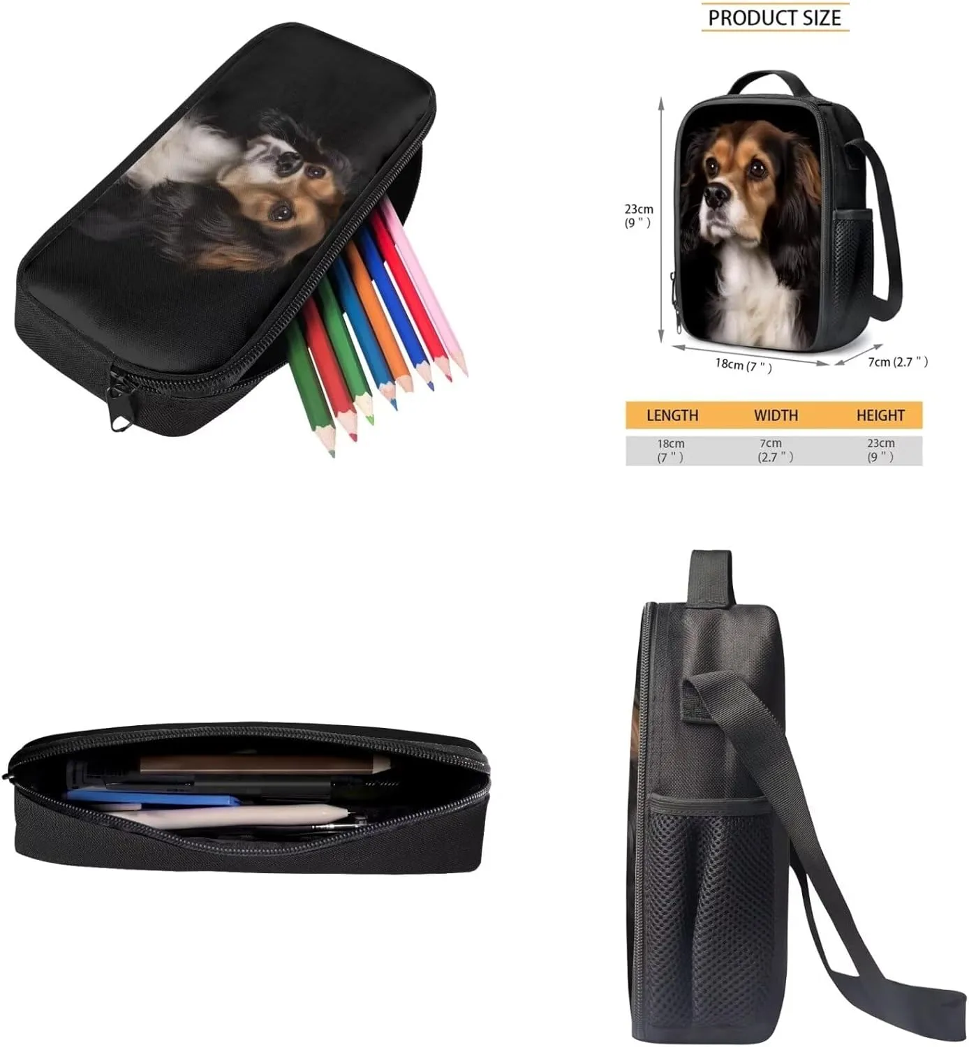 3 Piece Student Backpack Set for Boys Girls, 3D Cavalier King Charles Spaniel Printed School Bag and Lunch Bag Set, Large Lightweight Backpack and Pencil Case Set for Primary Middle