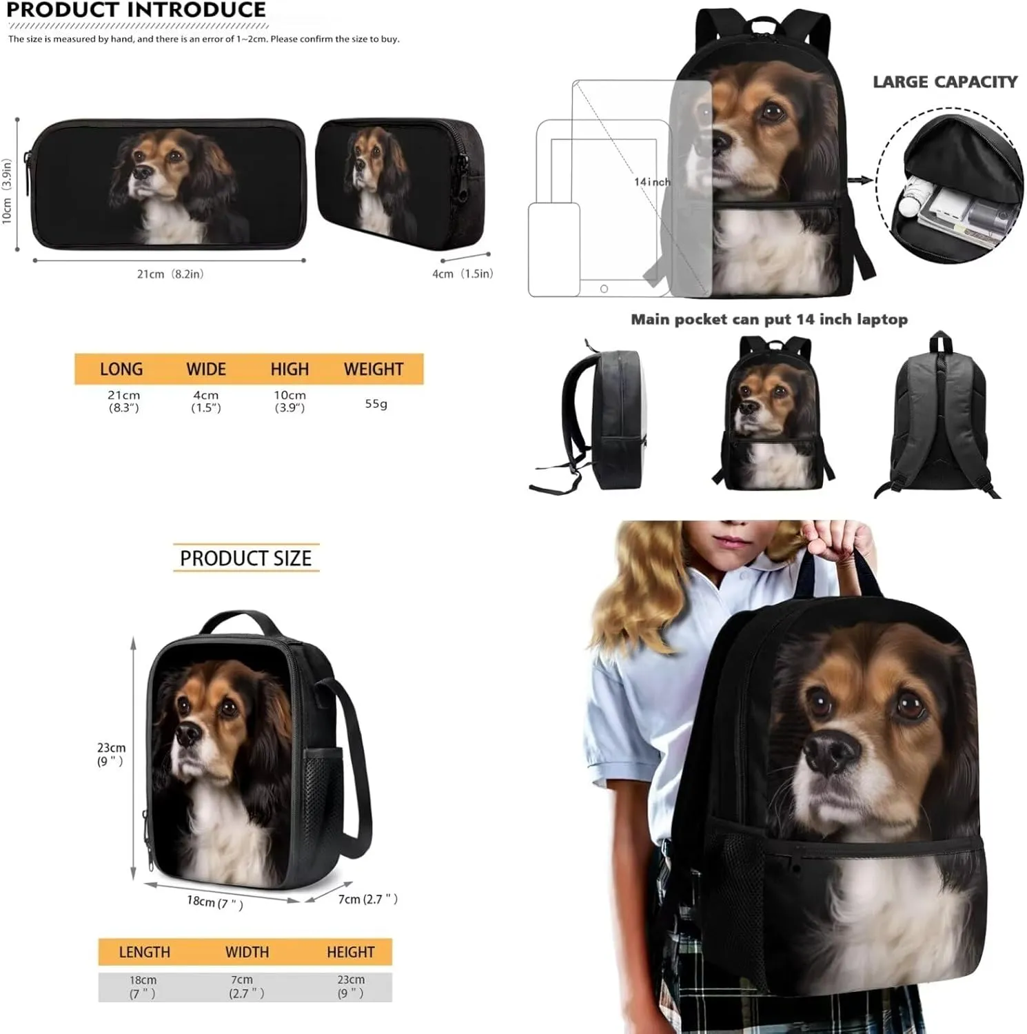 3 Piece Student Backpack Set for Boys Girls, 3D Cavalier King Charles Spaniel Printed School Bag and Lunch Bag Set, Large Lightweight Backpack and Pencil Case Set for Primary Middle