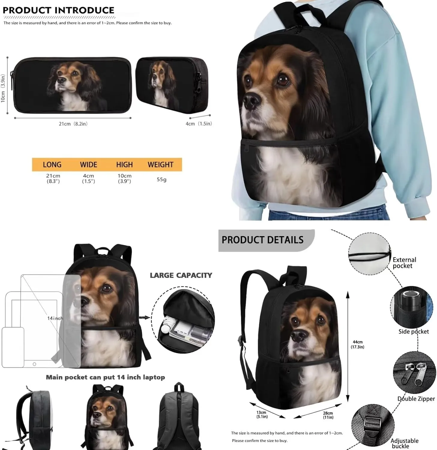 3 Piece Student Backpack Set for Boys Girls, 3D Cavalier King Charles Spaniel Printed School Bag and Lunch Bag Set, Large Lightweight Backpack and Pencil Case Set for Primary Middle