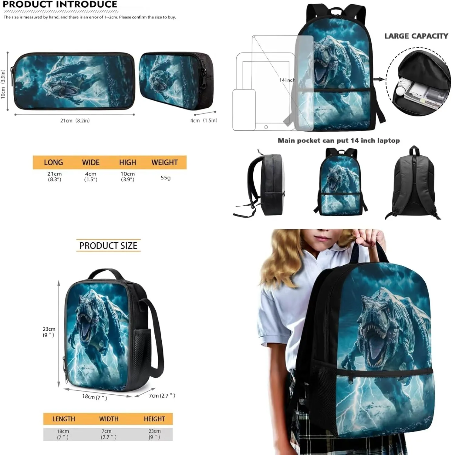 3 Piece Student Backpack Set for Kids, 3D Dinosaur Printed Backpack with Lunch Box and Pencil Case for Boys Teens, Lightning Print Lightweight Student Bookbag for Preschool Elementary