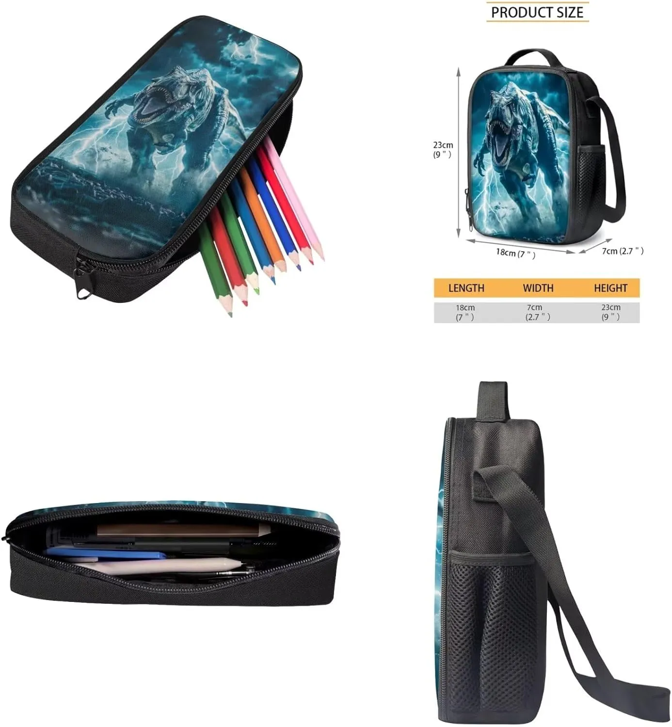 3 Piece Student Backpack Set for Kids, 3D Dinosaur Printed Backpack with Lunch Box and Pencil Case for Boys Teens, Lightning Print Lightweight Student Bookbag for Preschool Elementary