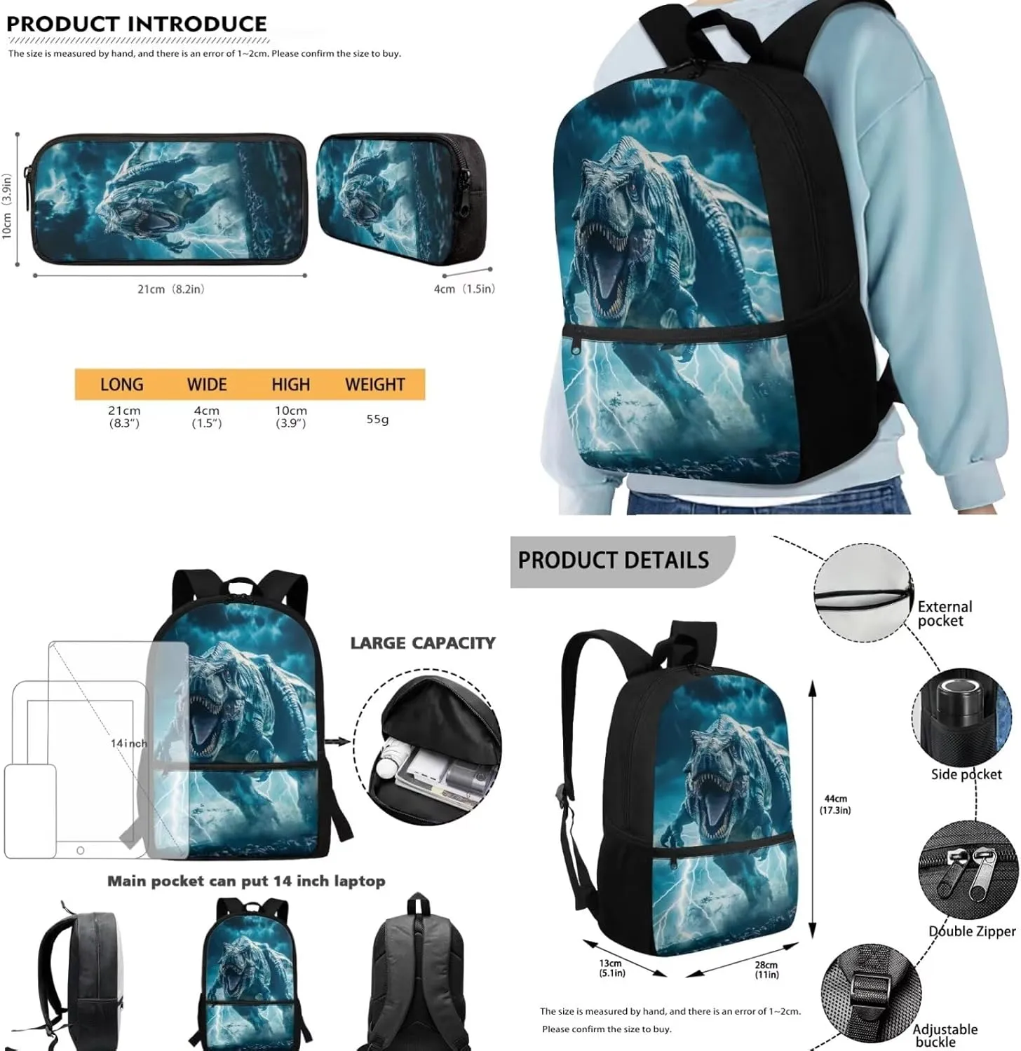 3 Piece Student Backpack Set for Kids, 3D Dinosaur Printed Backpack with Lunch Box and Pencil Case for Boys Teens, Lightning Print Lightweight Student Bookbag for Preschool Elementary