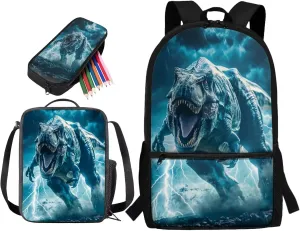 3 Piece Student Backpack Set for Kids, 3D Dinosaur Printed Backpack with Lunch Box and Pencil Case for Boys Teens, Lightning Print Lightweight Student Bookbag for Preschool Elementary
