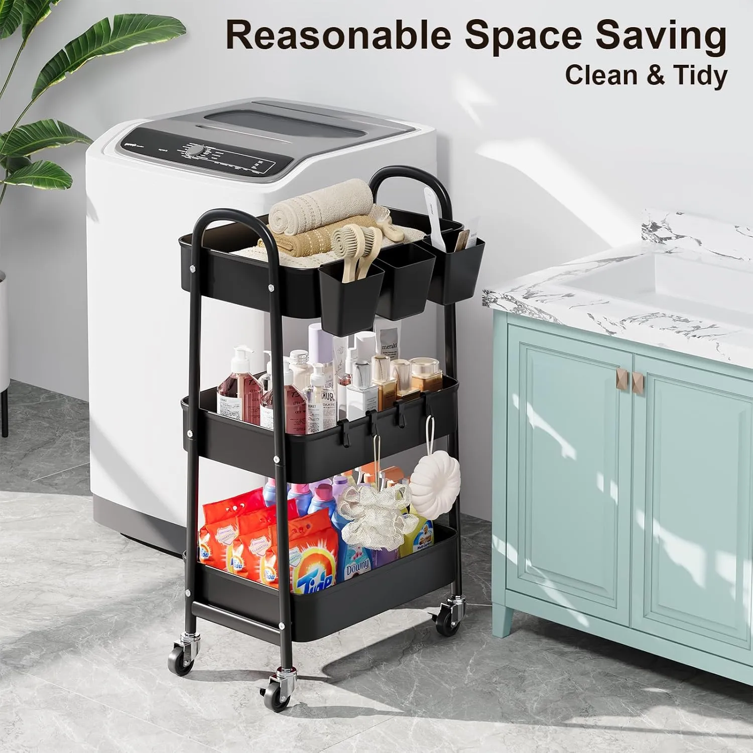 3 Tier Black Metal Rolling Cart with Lockable Wheels and Cups, Three Tiered Utility Storage Organizer on Wheels for Bathroom, Kitchen, Laundry, Garage, Office, Craft, Art, Baby Diaper, Snacks, Books