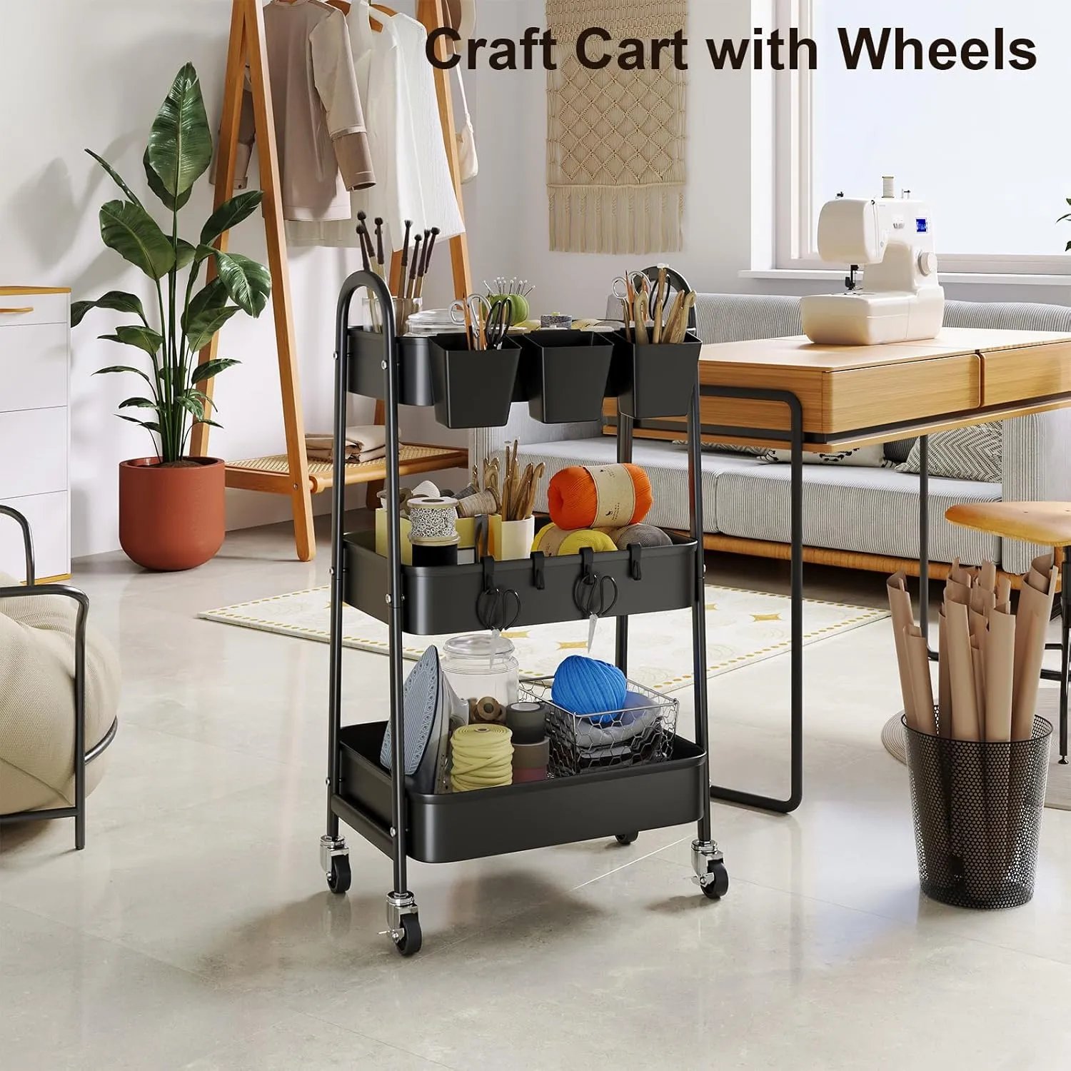 3 Tier Black Metal Rolling Cart with Lockable Wheels and Cups, Three Tiered Utility Storage Organizer on Wheels for Bathroom, Kitchen, Laundry, Garage, Office, Craft, Art, Baby Diaper, Snacks, Books
